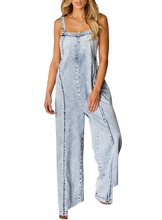 Load image into Gallery viewer, Light Wash Frayed Exposed Seam Wide Leg Denim Overall